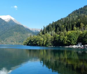 Preview wallpaper trees, wood, slopes, mountains, reservoir, house