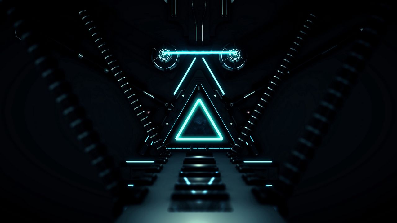 Wallpaper triangle, glow, neon, dark, corridor