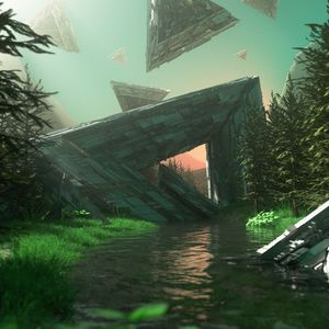 Preview wallpaper triangles, shapes, river, water, trees