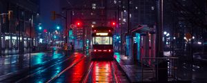 Preview wallpaper trolley, stop, city, evening, lighting