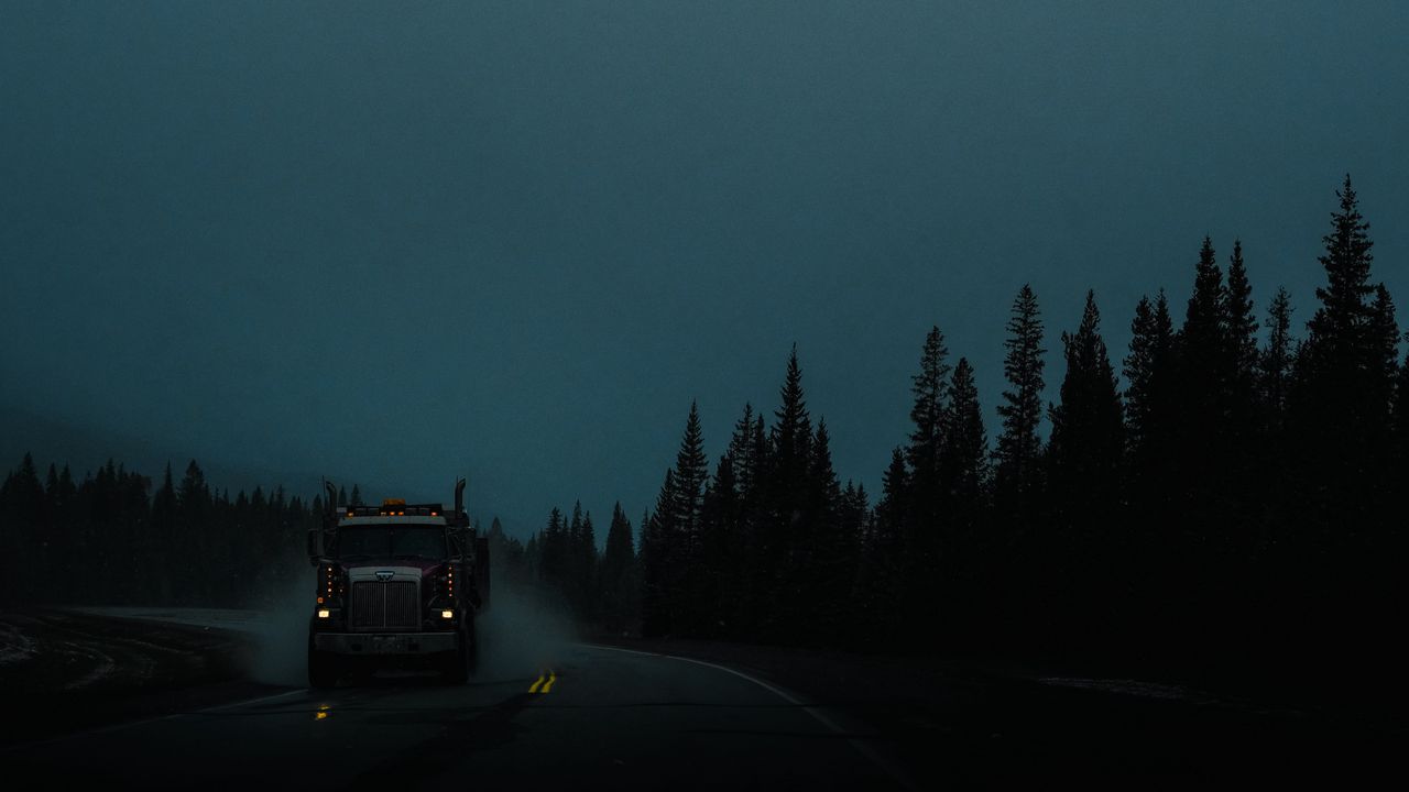 Wallpaper truck, machine, lights, road, evening, dusk