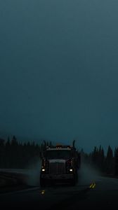 Preview wallpaper truck, machine, lights, road, evening, dusk