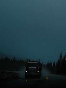 Preview wallpaper truck, machine, lights, road, evening, dusk