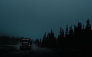 Preview wallpaper truck, machine, lights, road, evening, dusk