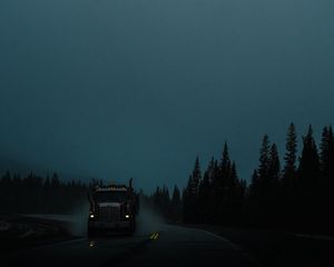 Preview wallpaper truck, machine, lights, road, evening, dusk