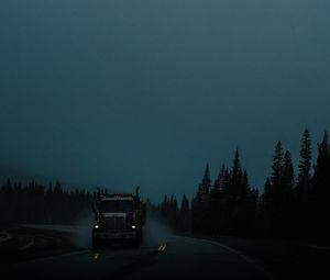 Preview wallpaper truck, machine, lights, road, evening, dusk