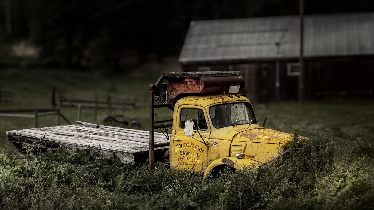 Wallpaper truck, yellow, old, grass