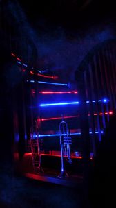 Preview wallpaper trumpet, music, stairway, neon, backlight, smoke