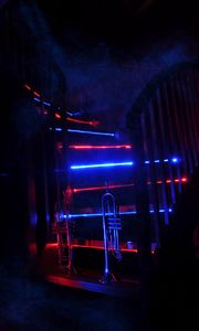 Preview wallpaper trumpet, music, stairway, neon, backlight, smoke