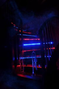 Preview wallpaper trumpet, music, stairway, neon, backlight, smoke