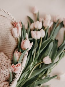 Preview wallpaper tulips, bouquet, basket, pink, flowers, spring