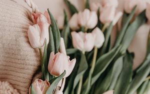 Preview wallpaper tulips, bouquet, basket, pink, flowers, spring