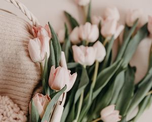 Preview wallpaper tulips, bouquet, basket, pink, flowers, spring