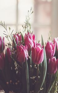 Preview wallpaper tulips, bouquet, pink, leaves, blur