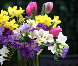 Preview wallpaper tulips, daffodils, freesia, bouquet, flowers, vase