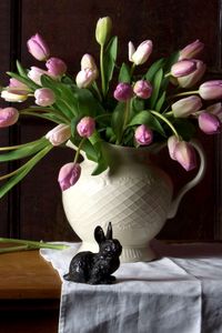Preview wallpaper tulips, flowers, bouquet, vase, table, cloth, rabbit