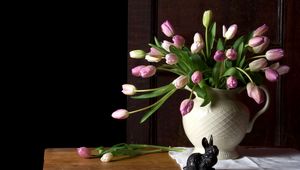 Preview wallpaper tulips, flowers, bouquet, vase, table, cloth, rabbit