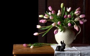 Preview wallpaper tulips, flowers, bouquet, vase, table, cloth, rabbit