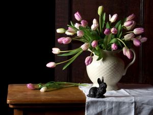 Preview wallpaper tulips, flowers, bouquet, vase, table, cloth, rabbit