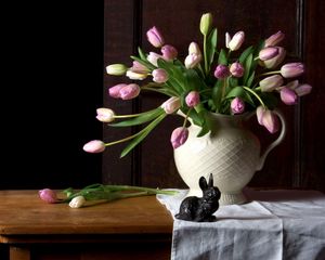 Preview wallpaper tulips, flowers, bouquet, vase, table, cloth, rabbit