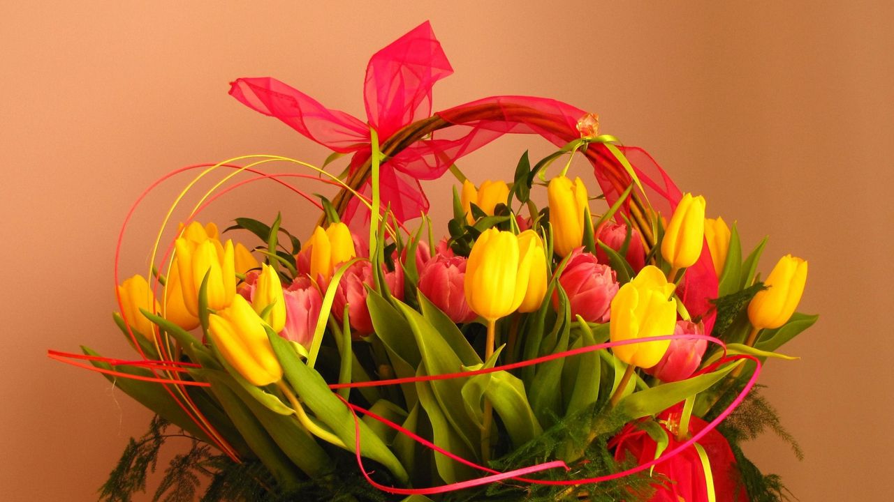 Wallpaper tulips, flowers, bouquet, basket, decoration, ribbon, greens