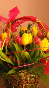 Preview wallpaper tulips, flowers, bouquet, basket, decoration, ribbon, greens