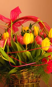 Preview wallpaper tulips, flowers, bouquet, basket, decoration, ribbon, greens