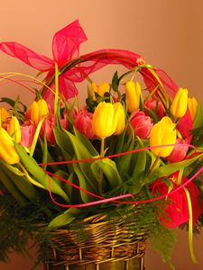 Preview wallpaper tulips, flowers, bouquet, basket, decoration, ribbon, greens