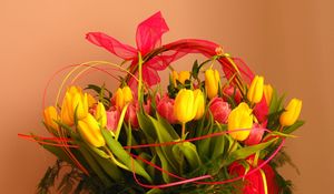 Preview wallpaper tulips, flowers, bouquet, basket, decoration, ribbon, greens