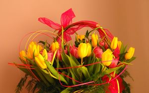 Preview wallpaper tulips, flowers, bouquet, basket, decoration, ribbon, greens