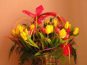 Preview wallpaper tulips, flowers, bouquet, basket, decoration, ribbon, greens