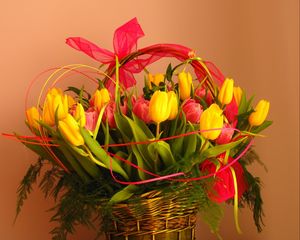 Preview wallpaper tulips, flowers, bouquet, basket, decoration, ribbon, greens