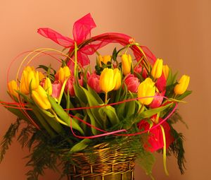 Preview wallpaper tulips, flowers, bouquet, basket, decoration, ribbon, greens