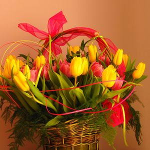 Preview wallpaper tulips, flowers, bouquet, basket, decoration, ribbon, greens