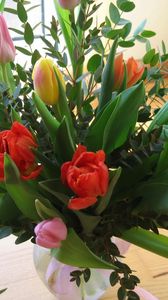 Preview wallpaper tulips, flowers, bouquets, greens, vase, beauty