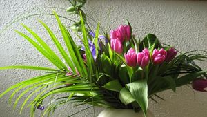 Preview wallpaper tulips, flowers, flower, leaves, greenery, vase, wall