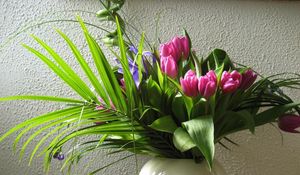 Preview wallpaper tulips, flowers, flower, leaves, greenery, vase, wall