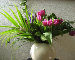 Preview wallpaper tulips, flowers, flower, leaves, greenery, vase, wall