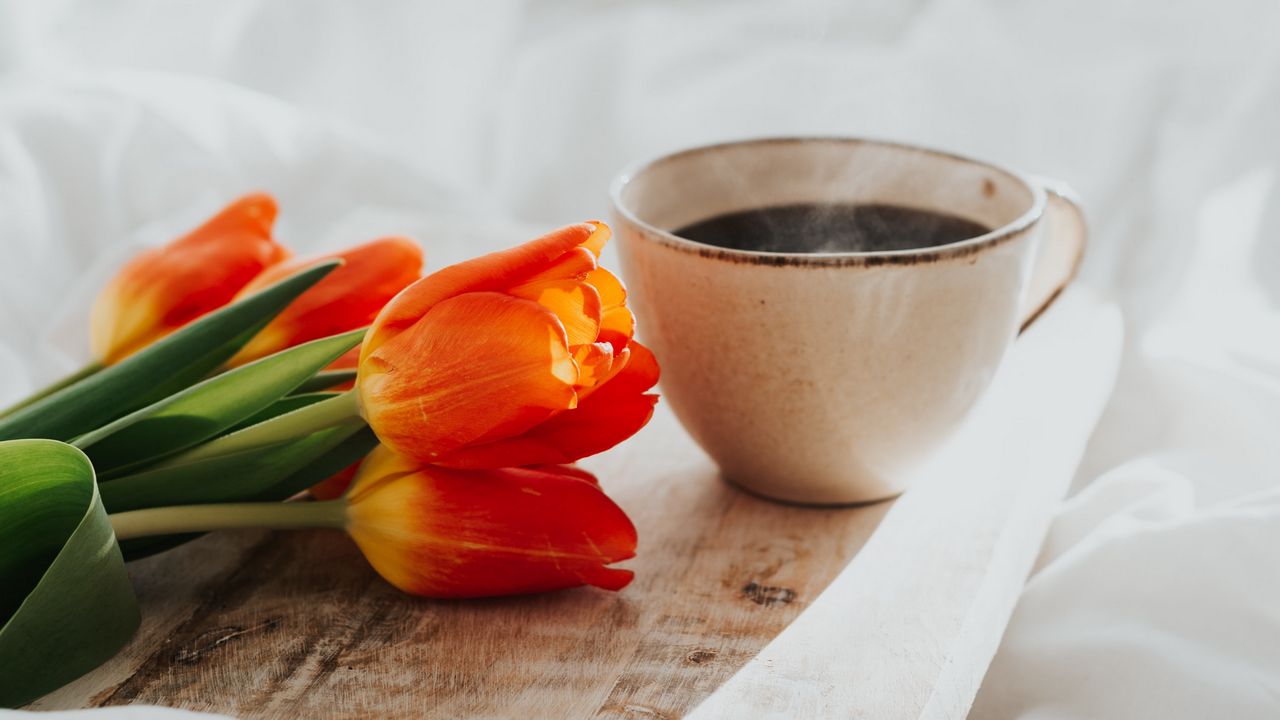 Wallpaper tulips, flowers, mug, coffee, breakfast