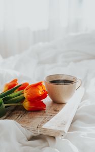 Preview wallpaper tulips, flowers, mug, coffee, breakfast