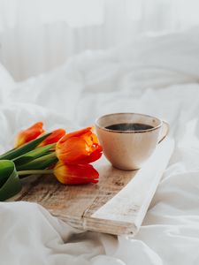 Preview wallpaper tulips, flowers, mug, coffee, breakfast