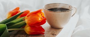 Preview wallpaper tulips, flowers, mug, coffee, breakfast