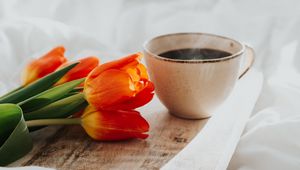 Preview wallpaper tulips, flowers, mug, coffee, breakfast