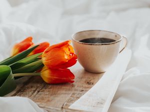 Preview wallpaper tulips, flowers, mug, coffee, breakfast