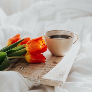 Preview wallpaper tulips, flowers, mug, coffee, breakfast