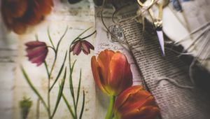 Preview wallpaper tulips, flowers, newspapers, scissors, aesthetics