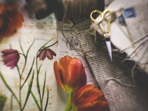 Preview wallpaper tulips, flowers, newspapers, scissors, aesthetics