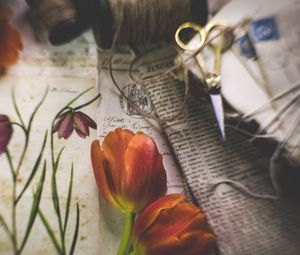 Preview wallpaper tulips, flowers, newspapers, scissors, aesthetics
