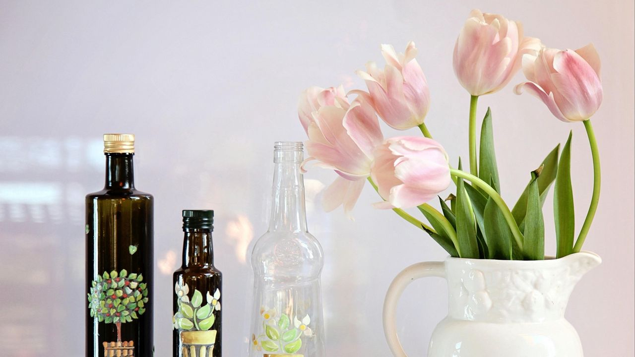 Wallpaper tulips, flowers, petals, jug, bottle