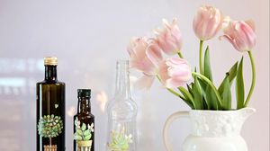 Preview wallpaper tulips, flowers, petals, jug, bottle